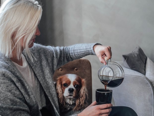 Frau sitzt mit einem Hund auf einer Couch und gießt Kaffee in eine Tasse ein.