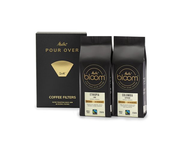Pour Over accessories: Melitta® BLOOM® special coffee for Pour Over in two variants, plus Melitta® Pour Over 1X4® filter